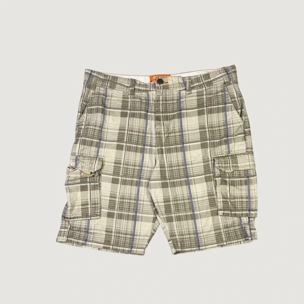 Lazer/Co Mens Plaid Cargo Shorts Size 38 Tan Blue Utility Workwear Casual
